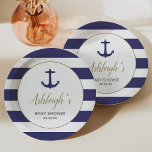 Nautical Anchor Navy Blue Stripes Boy Baby Shower Paper Plates<br><div class="desc">This boy's baby shower paper plate features a navy blue anchor in a faux gold-bordered circle on a background of navy blue and white stripes. Inside the circle, the name of the mom-to-be appears in faux gold cursive script typography. The words "Baby Shower" and the date appear below in gray...</div>