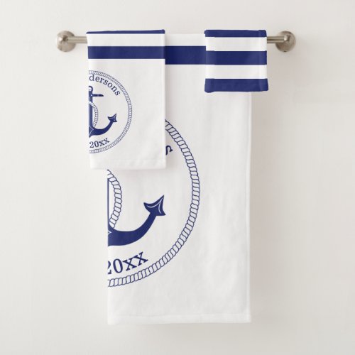 Nautical Anchor Navy Blue Stripes Family Monogram Bath Towel Set