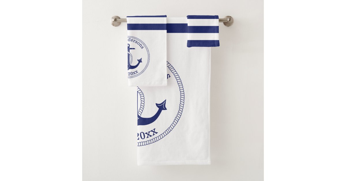 Modern Nautical Anchor Bathroom Navy blue white Bath Towel Set, Zazzle