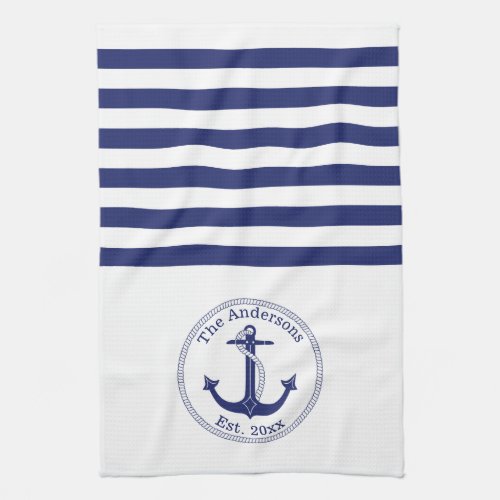 Nautical Anchor Navy Blue Stripes Family Monogram Kitchen Towel