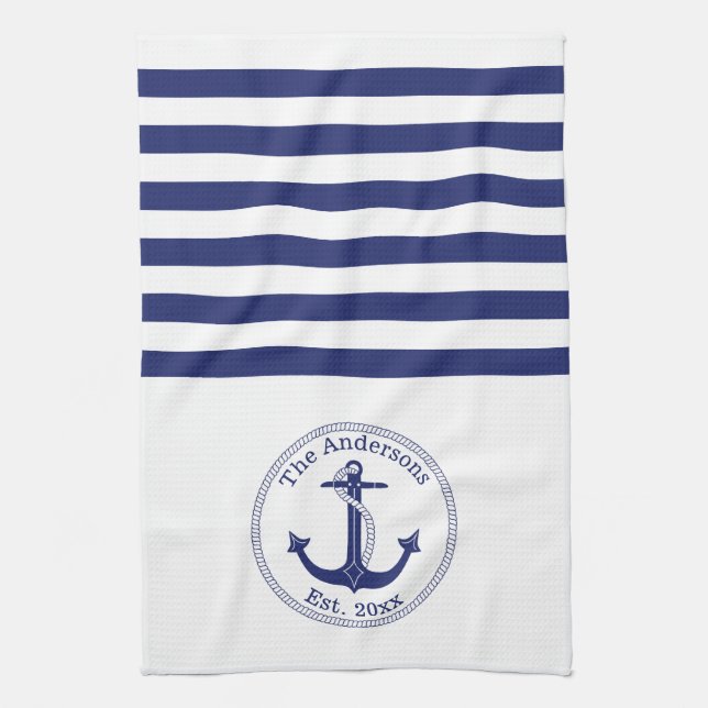 Nautical Anchor Navy Blue Stripes Family Monogram Kitchen Towel (Vertical)