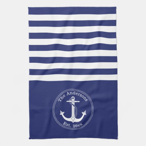 Nautical Anchor Navy Blue Stripes Family Monogram Kitchen Towel