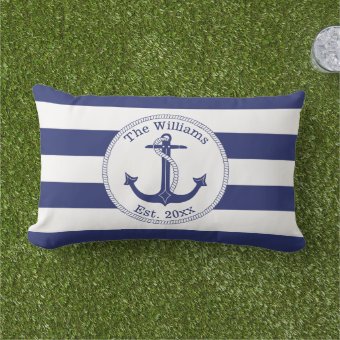 Nautical Anchor Navy Blue Stripes Family Monogram Lumbar Pillow | Zazzle