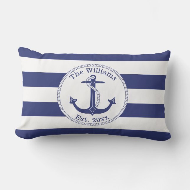 Nautical Anchor Navy Blue Stripes Family Monogram Lumbar Pillow (Front)