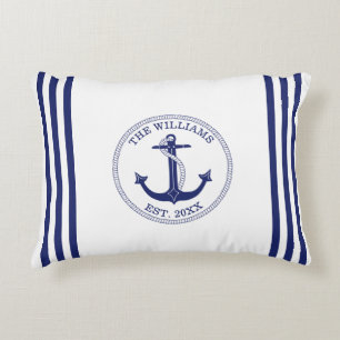 Nautical Anchor Navy Blue Stripes Family Name Accent Pillow