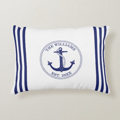 Nautical Anchor Navy Blue Stripes Family Name Accent Pillow