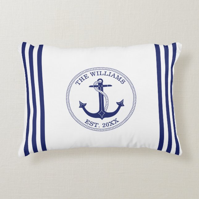Nautical Anchor Navy Blue Stripes Family Name Accent Pillow (Front)