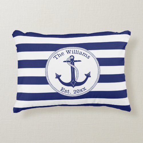 Nautical Anchor Navy Blue Stripes Family Name Accent Pillow