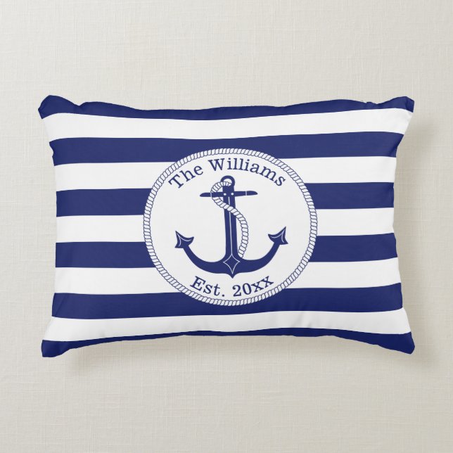 Nautical Anchor Navy Blue Stripes Family Name Accent Pillow (Front)