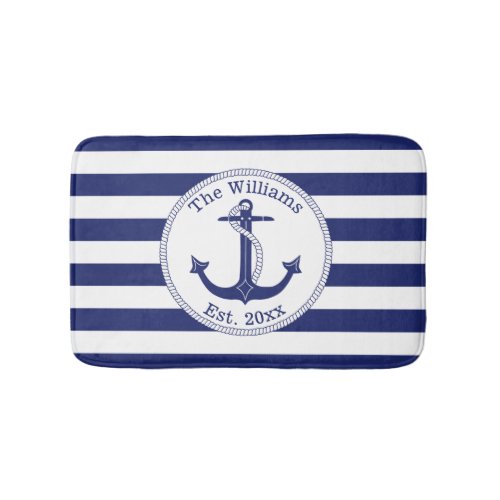 Nautical Anchor Navy Blue Stripes Family Name Bathroom Mat