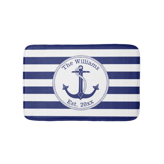 Nautical Anchor Navy Blue Stripes Family Name Bathroom Mat (Front)