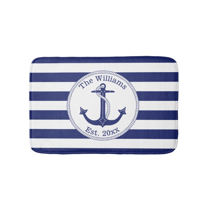 Nautical Anchor Navy Blue Stripes Family Name Bathroom Mat Zazzle Com