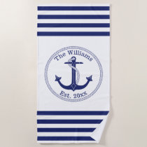 Nautical Anchor Navy Blue Stripes Family Name Beach Towel