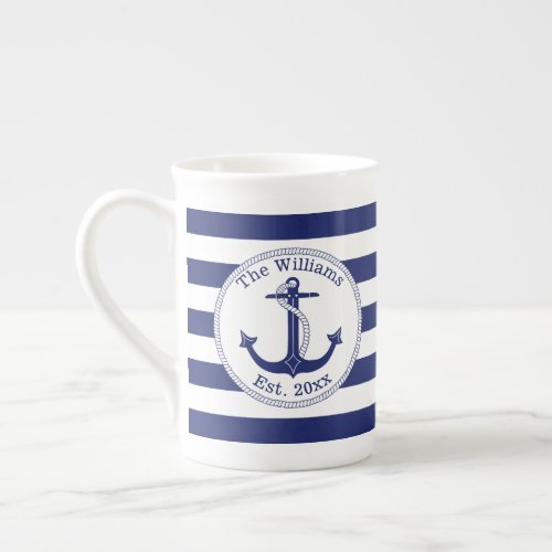 Nautical Anchor Navy Blue Stripes Family Name Bone China Mug