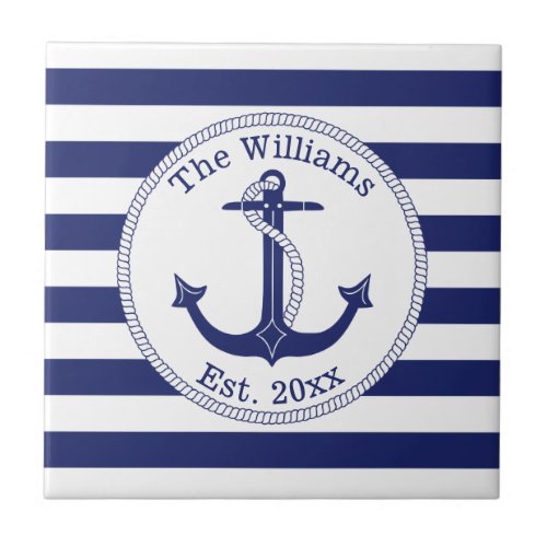 Nautical Anchor Navy Blue Stripes Family Name Ceramic Tile