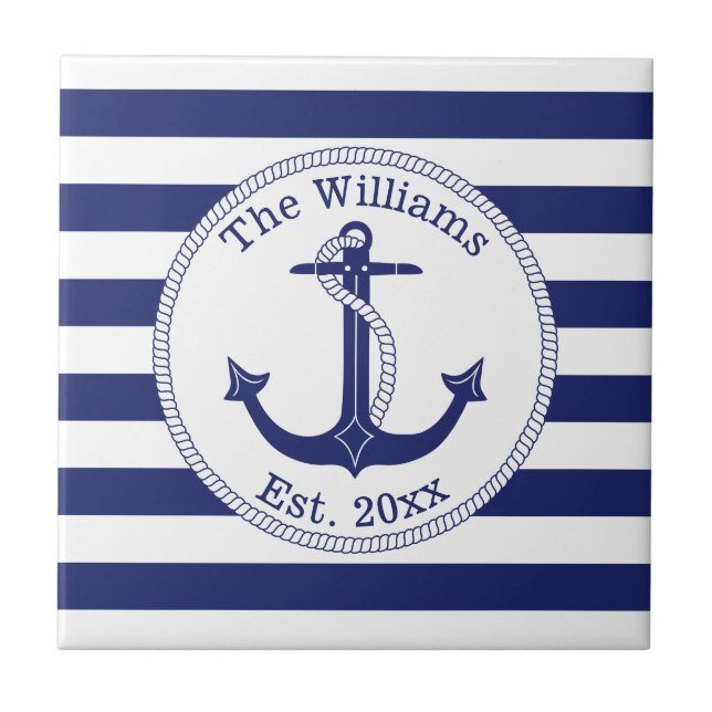 Nautical Anchor Navy Blue Stripes Family Name Ceramic Tile (Front)