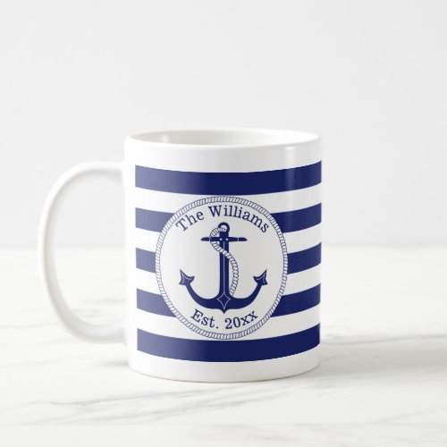 Nautical Anchor Navy Blue Stripes Family Name Coffee Mug