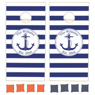 Nautical Anchor Navy Blue Stripes Family Name Cornhole Set