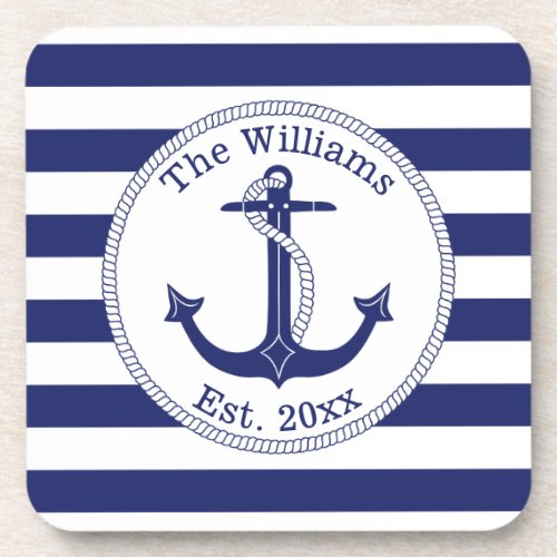 Nautical Anchor Navy Blue Stripes Family Name Drink Coaster