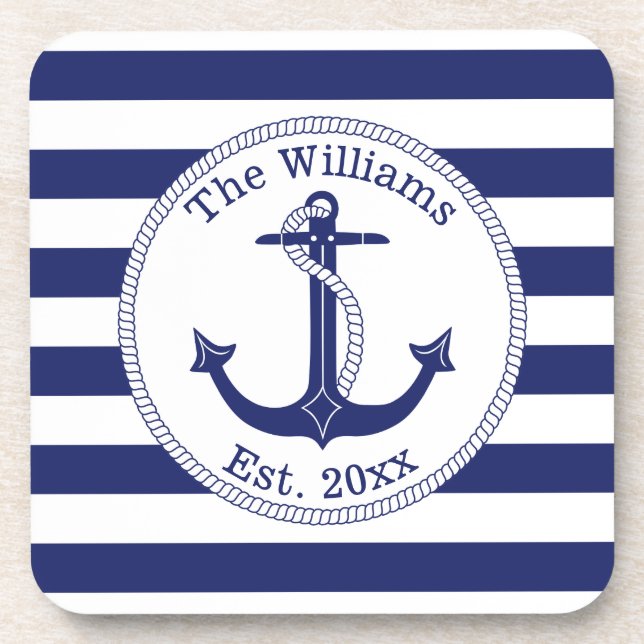 Nautical Anchor Navy Blue Stripes Family Name Drink Coaster (Front)