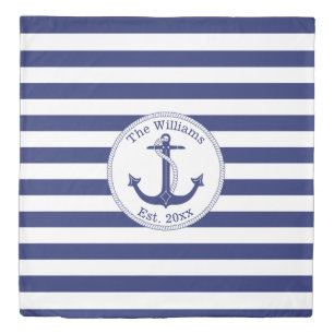 Nautical Anchor Navy Blue Stripes Family Name Duvet Cover