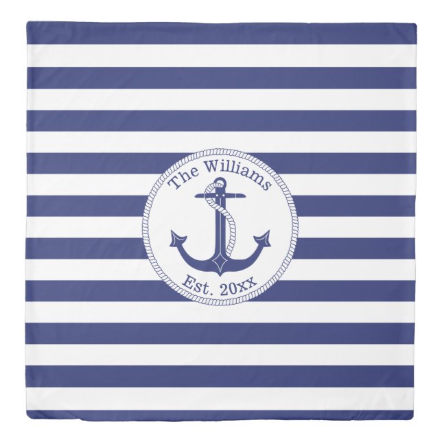 Nautical Anchor Navy Blue Stripes Family Name Duvet Cover (Front)