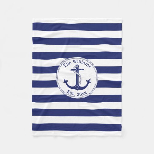 Nautical Anchor Navy Blue Stripes Family Name Fleece Blanket