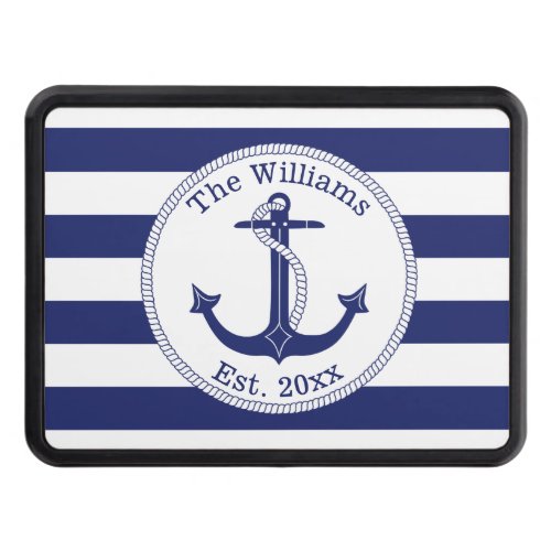 Nautical Anchor Navy Blue Stripes Family Name Hitch Cover