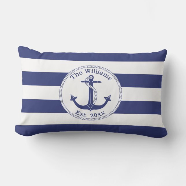 Nautical Anchor Navy Blue Stripes Family Name Lumbar Pillow (Front)