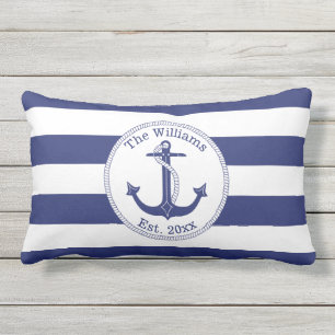 Nautical Anchor Navy Blue Stripes Family Name Lumbar Pillow