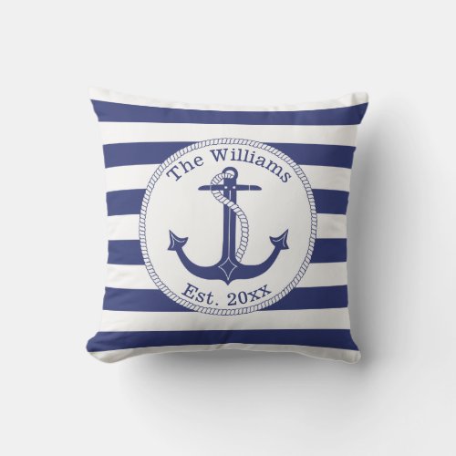 Nautical Anchor Navy Blue Stripes Family Name Outdoor Pillow