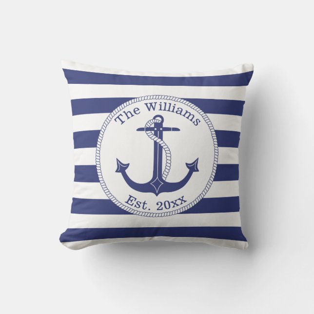 Nautical Anchor Navy Blue Stripes Family Name Outdoor Pillow (Front)