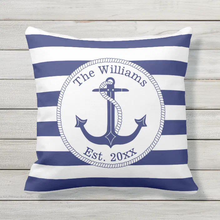 Nautical Anchor Navy Blue Stripes Family Name Outdoor Pillow Zazzle Com Nautical Anchor Navy Blue Stripes, Outdoor Anchor Pillow