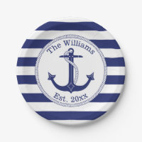 Nautical Anchor Navy Blue Stripes Family Name