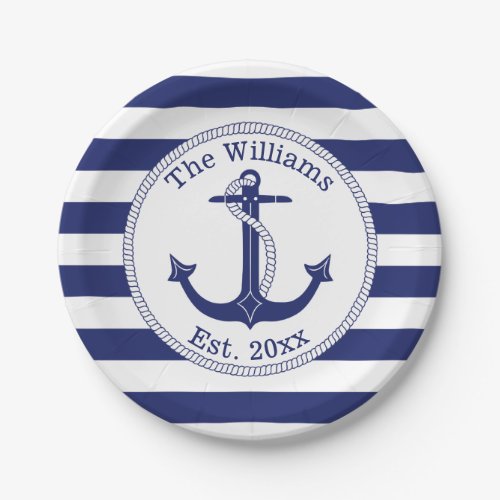 Nautical Anchor Navy Blue Stripes Family Name Paper Plates