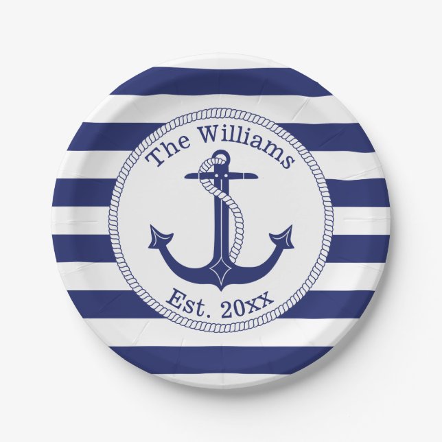 Nautical Anchor Navy Blue Stripes Family Name Paper Plates (Front)