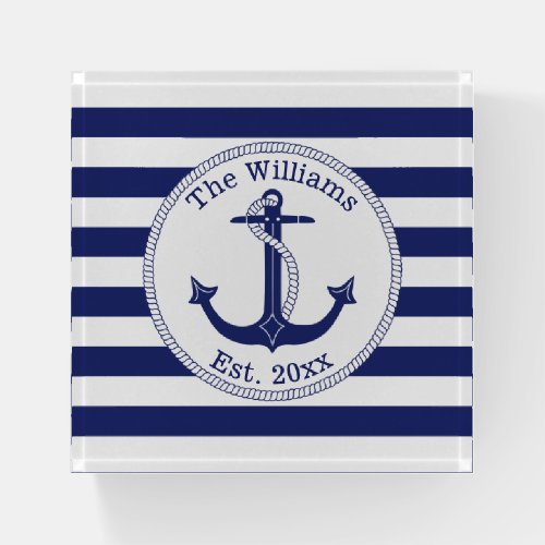 Nautical Anchor Navy Blue Stripes Family Name Paperweight