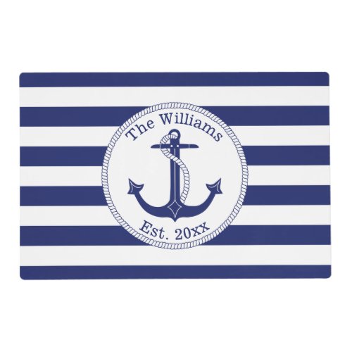 Nautical Anchor Navy Blue Stripes Family Name Placemat