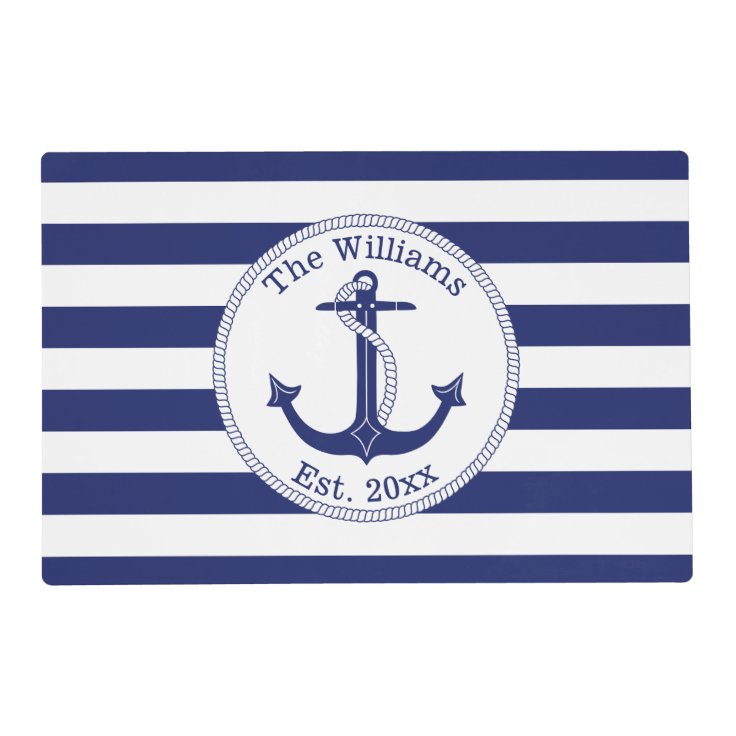 Nautical Anchor Navy Blue Stripes Family Name Placemat Zazzle