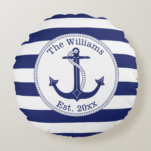 Nautical Anchor Navy Blue Stripes Family Name Round Pillow