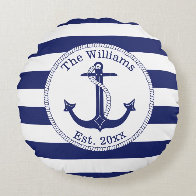 Nautical Anchor Navy Blue Stripes Family Name Round Pillow (Front)