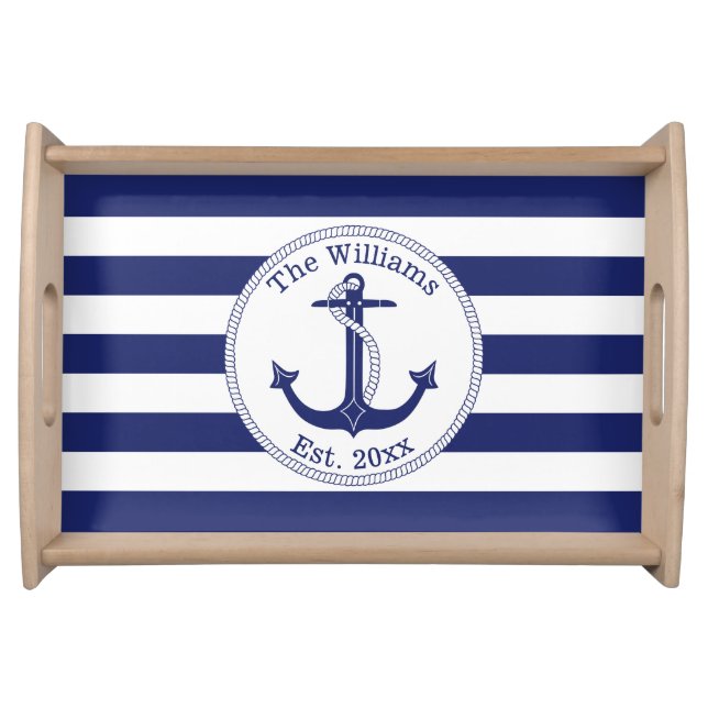 Nautical Anchor Navy Blue Stripes Family Name Serving Tray (Front)