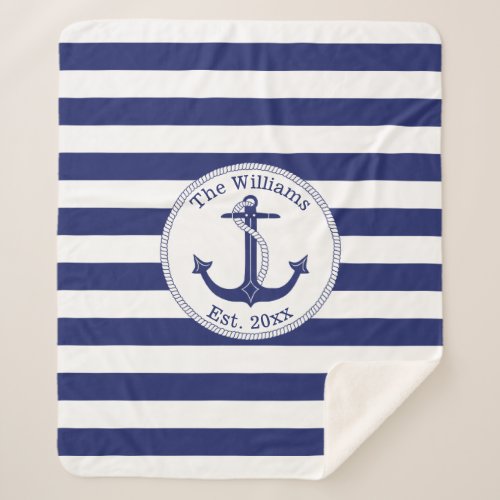 Nautical Anchor Navy Blue Stripes Family Name Sherpa Blanket