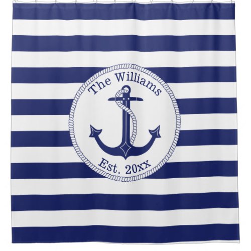 Nautical Anchor Navy Blue Stripes Family Name Shower Curtain