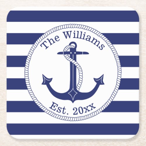 Nautical Anchor Navy Blue Stripes Family Name Square Paper Coaster