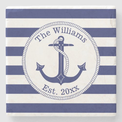 Nautical Anchor Navy Blue Stripes Family Name Stone Coaster