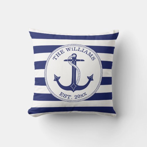 Nautical Anchor Navy Blue Stripes Family Name Throw Pillow