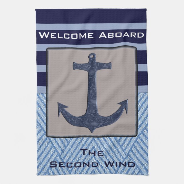 Nautical Anchor & Navy Blue Stripes Kitchen Towel (Vertical)