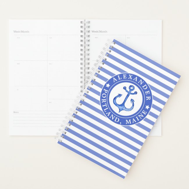 Nautical Anchor & Navy Blue Stripes Personalized