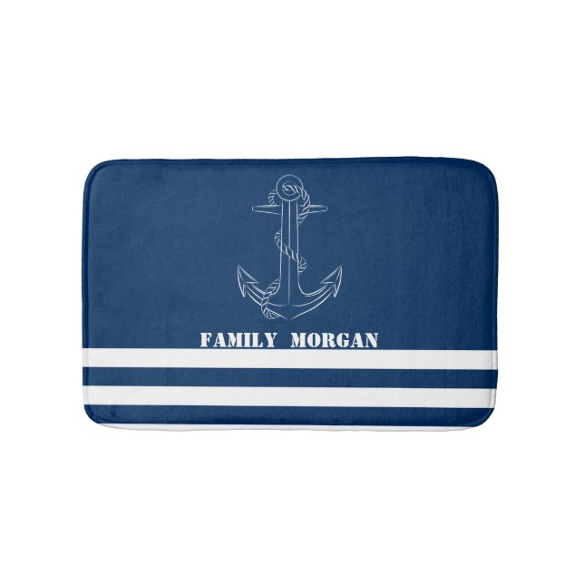 Nautical Anchor, Navy Blue Stripes Sailor Bath Mat (Front)